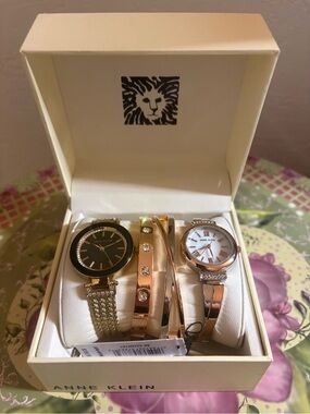 Anne Klein Gold-Tone Dual Watch and Bracelet Set with Black and White Dials